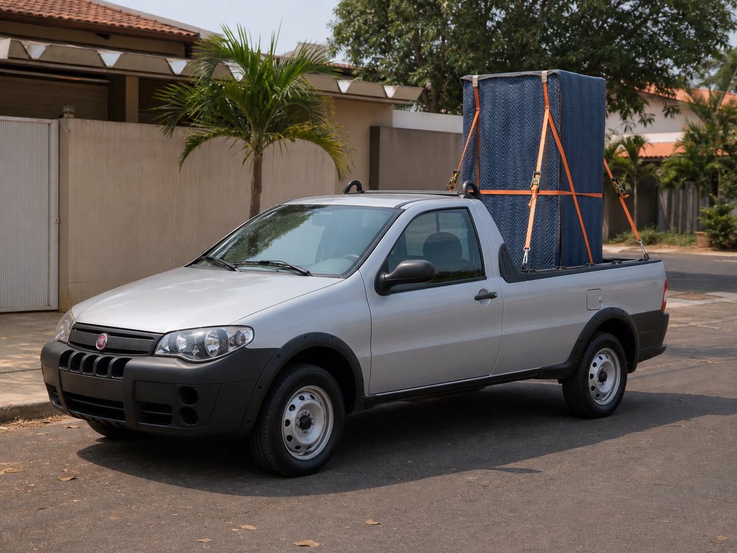 Fiat Strada ambientada em frete residencial com pequeno guarda-roupa
